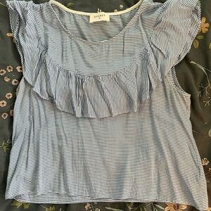 Blue-and-white striped ruffle top